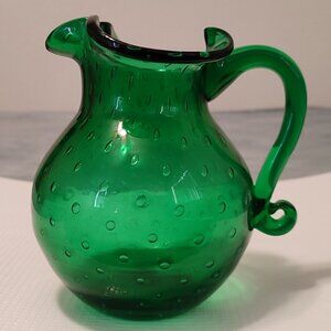 MCM Hand Blown Emerald Glass Art Pitcher Ice Blocker Vintage Green Handle